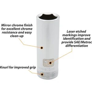 Dynamic Tools 3/8″ Drive 6 Point Metric, 16mm Deep Length, Chrome Finish Socket (D008216) - view 2