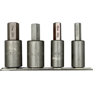 4 Piece Metric Hex Driver Set, 10m 12, 14, 17mm Hex, 1/2″ Square Drive Holders on a rail
