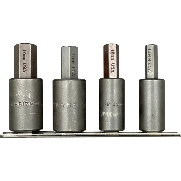 4 Piece Metric Hex Driver Set, 10m 12, 14, 17mm Hex, 1/2″ Square Drive Holders on a rail
