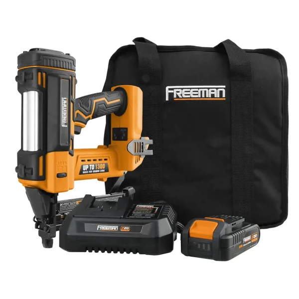 Freeman PE20V9040 20 Volt Cordless 18-Gauge 1-5/8″ Narrow Crown Stapler Kit with Lithium Ion Battery, Charger, Bag, a...