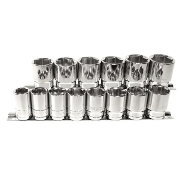 K Tool 28100 Chrome Socket Set, 1/2″ Drive, 14 Piece, 15mm to 28mm, 6 Point, Shallow, on Clip Rail