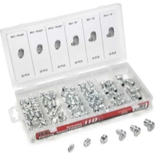 Titan Tools 110-Piece Grease Fitting Kit With Plastic Case Sizing Chart (45274)