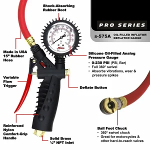 Milton S575A Pro Analog Tire Inflator/Pressure Pistol Grip Gauge 15″ Hose 160PSI - view 3