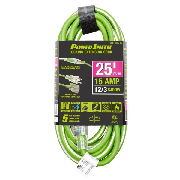 PowerSmith 25 ft 12/3 AWG Rubber Jacket Locking Extension Cord with Slide Lock (PEC123RL-25)