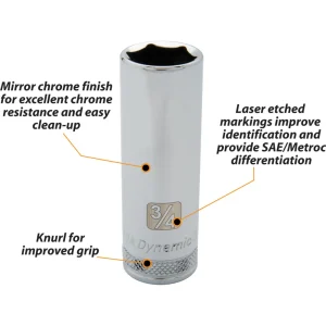 Dynamic Tools 1/2″ Drive 6 Point SAE, 13/16″ Deep Length, Chrome Finish Socket (D016526) - view 2