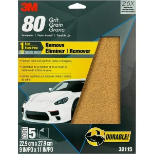 3M 5-Pack 80+Grit 9″ x 11″ Sandpaper (32115)