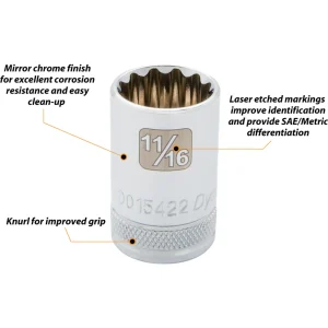 Dynamic Tools 1/2″ Drive 12 Point SAE, 11/16″ Standard Length, Chrome Finish Socket (D015422) - view 2