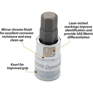 Dynamic Tools 1/2″ Drive SAE Hex Head, 3/8″ Bit Standard Length, Chrome Finish Socket (D013062) - view 4