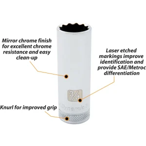Dynamic Tools 1/2″ Drive 12 Point SAE, 13/16″ Deep Length, Chrome Finish Socket (D015626) - view 3