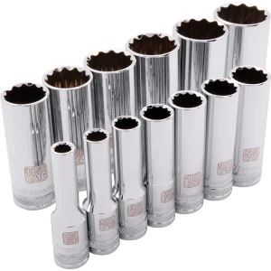 Dynamic Tools 3/8″ Drive 13 Piece 12 Point, Deep SAE Socket Set, 1/4″ – 1″ (D010003)