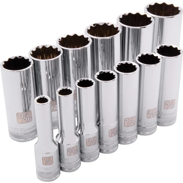 Dynamic Tools 3/8″ Drive 13 Piece 12 Point, Deep SAE Socket Set, 1/4″ – 1″ (D010003)