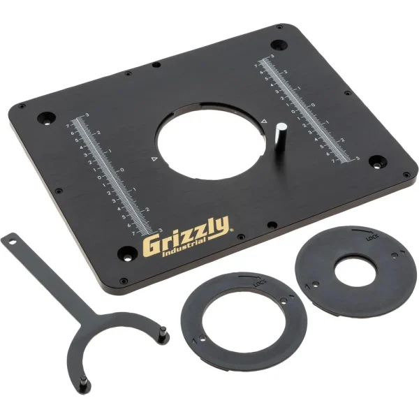 Grizzly Industrial 9-1/4″ x 11-3/4″ Aluminum Router Table Insert with Two Reducer Rings (T31641)