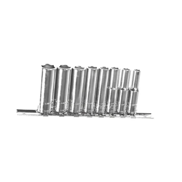 K Tool 21200 Chrome Socket Set, 1/4″ Drive, 8 Piece, 3/16″ to 1/2″, Deep, 6 Point, on Clip Rail