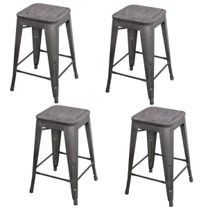 AmeriHome BS24BWTSET Black 24 in. Metal Bar Stool with Wood Seat- 4 Piece
