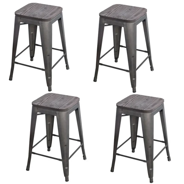 AmeriHome BS24BWTSET Black 24 in. Metal Bar Stool with Wood Seat- 4 Piece