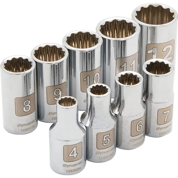Dynamic Tools 1/4″ Drive 9 Piece 12 Point, Standard Metric Socket Set, 4mm – 12mm (D004008)