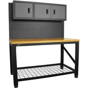 Homak 59-Inch Wood Top Workbench with 3 Door Cabinet, Steel (GS00659031)