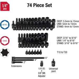 Sunex 74 Piece 1/4″ Drive Master SAE & Metric Impact Socket Set (1874) - view 2