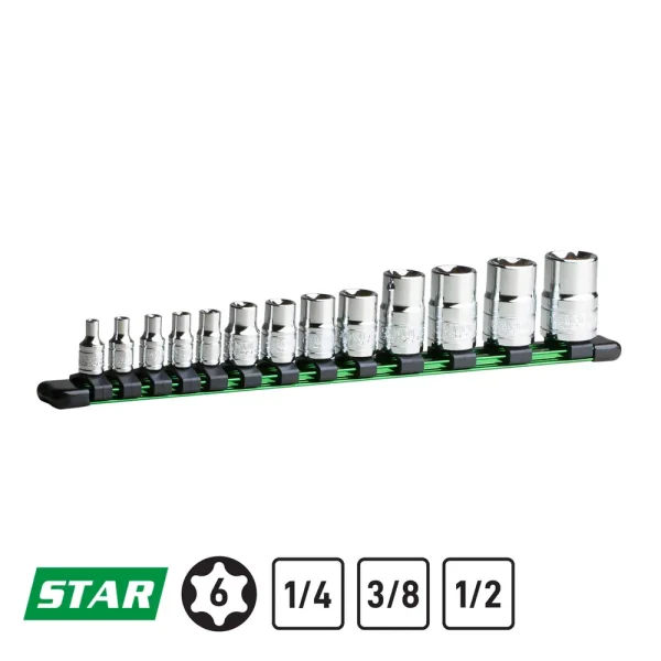 External Star Socket Set, 13-Piece, Socket Rail