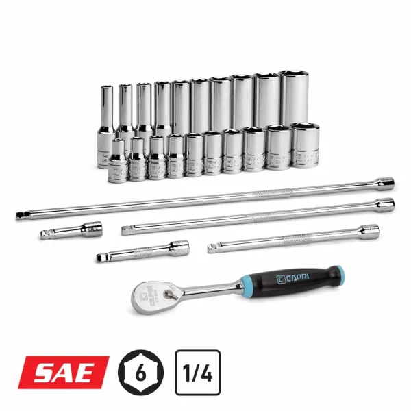 1/4″ Drive 26-Piece Master 6-Point Chrome Sockets Set + Extensions, SAE