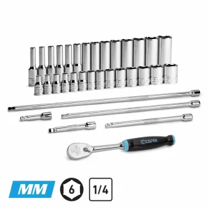 1/4″ Drive 34-Piece Master 6-Point Chrome Sockets Set + Extensions, Metric