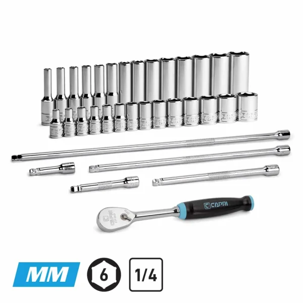 1/4″ Drive 34-Piece Master 6-Point Chrome Sockets Set + Extensions, Metric