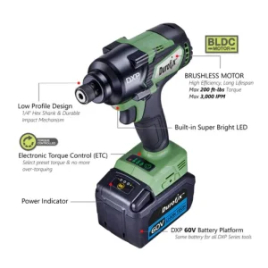 Durofix 60V series Cordless BRUSHLESS 1/4in Impact Driver, 3-Stage Torque Control, Max. 200 ft-lbs, - view 3