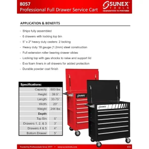 Sunex Tools Full Drawer Service Cart Red (8057) - view 2