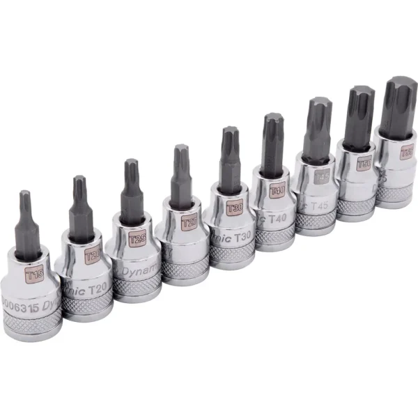 Dynamic Tools 3/8″ Drive 9 Piece Standard Length, Torx® Socket Set, T15 – T55 (D010018)