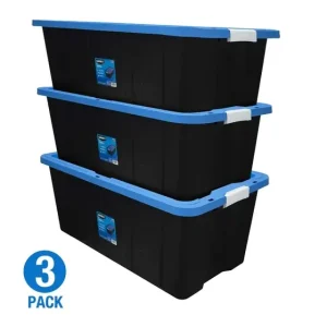 40 Gal Latching Black Plastic Storage Tote Box – 3-Pack