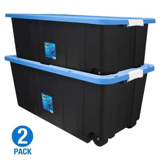 50 Gal Black Rolling Plastic Storage Tote with Pull Handle- Set of 2