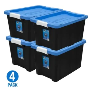 12 Gal Heavy Duty Black Latching Plastic Storage Box- Set of 4