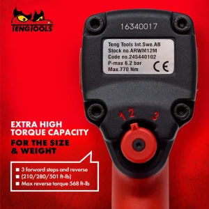 Teng Tools 1/2 Inch Square Drive Reversible High Torque Mini Compact Air Impact Wrench Gun – ARWM12M - view 3