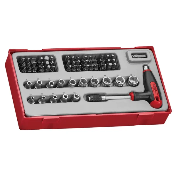 Teng Tools 62 Piece 1/4 Inch Drive 6 Point Socket, Bit and T Handle Quick Chuck Set – TTTHQ62
