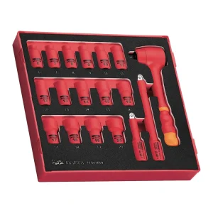 Teng Tools 18 Piece 3/8 Inch Drive Metric 6 Point 1000 Volt Shallow Insulated EVA Foam Socket Set (6MM – 20MM) | Elec...