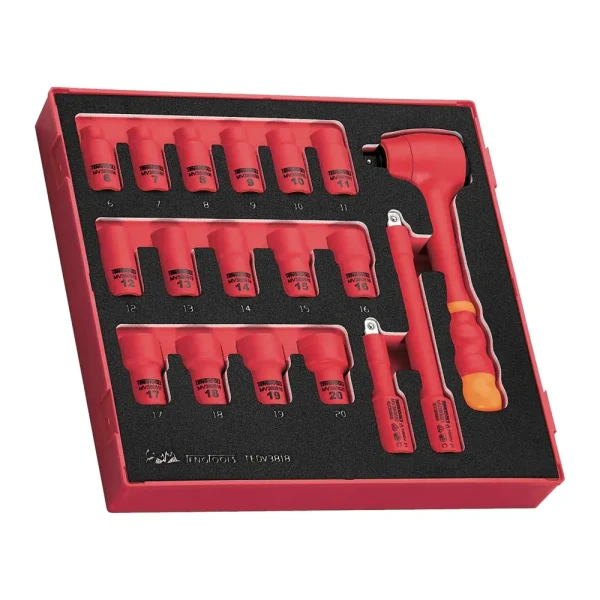 Teng Tools 18 Piece 3/8 Inch Drive Metric 6 Point 1000 Volt Shallow Insulated EVA Foam Socket Set (6MM – 20MM) | Elec...
