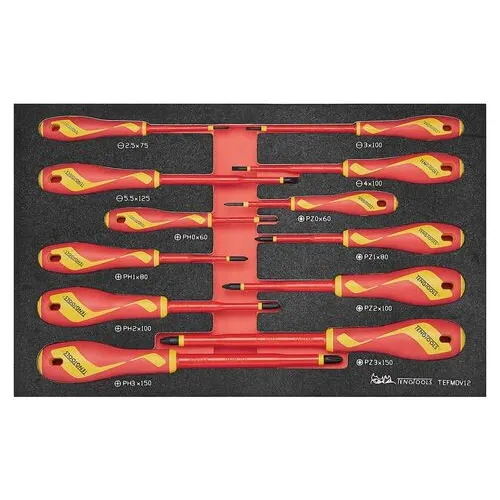 Teng Tools 12 Piece 1000 Volt Insulated Flat, Phillips (PH), Pozidriv (PZ) Screwdriver EVA Foam Tray – TEFMDV12