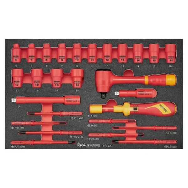 Teng Tools 27 Piece 1000 Volt Insulated 3/8 Inch Drive Ratchet, Metric 6 Point Socket, Extension Bar, Torque Screwdri...