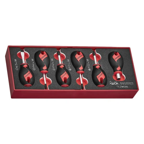 Teng Tools 6 Piece Stubby Flat/Slotted, Phillips (PH), Pozidriv (PZ) Tip Head Screwdriver EVA Foam Set – TEZMD06