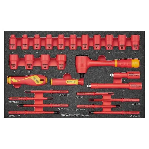 Teng Tools 28 Piece 1000 Volt Insulated 3/8 Inch Drive 6 Point Shallow Socket, Extension Bar, Ratchet & Screwdriver E...
