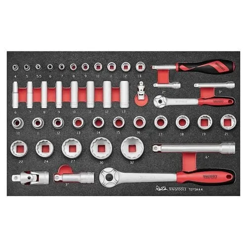 Teng Tools 44 Piece Mixed Drive 12 Point & 6 Point Shallow & Deep Socket & Accessory EVA Foam Tray – TEFSK44