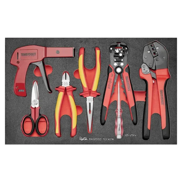 Teng Tools 7 Piece Insulated Plier, Voltage Tester, Cable Tie Gun & Scissor EVA Foam Electrician Tool Tray – TEFX07A