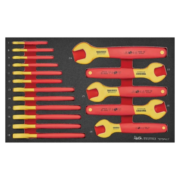 Teng Tools 17 Piece 1000 Volt Insulated Metric Open Ended Wrench EVA Foam Set (7MM – 24MM) – TEFSPV17
