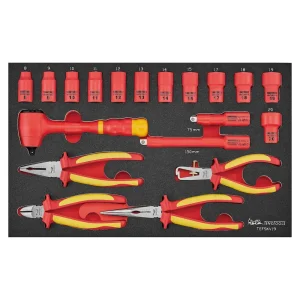 Teng Tools 19 Piece 1000 Volt Insulated 3/8 Inch Drive 6 Point Shallow Socket, Extension Bar, Ratchet & Plier EVA Foa...