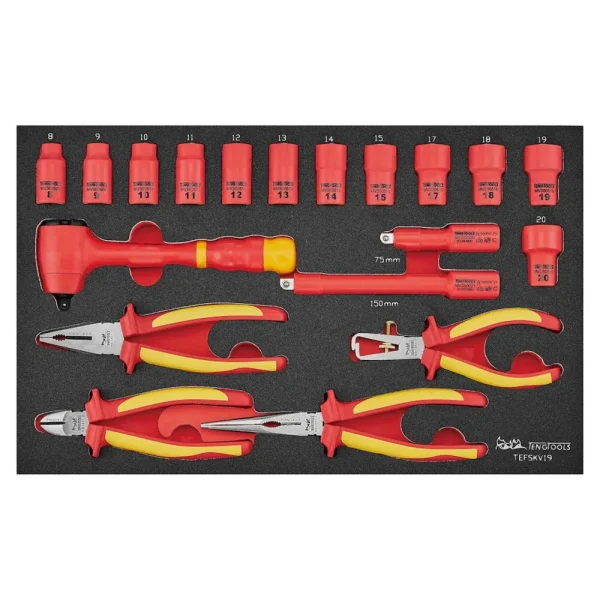 Teng Tools 19 Piece 1000 Volt Insulated 3/8 Inch Drive 6 Point Shallow Socket, Extension Bar, Ratchet & Plier EVA Foa...