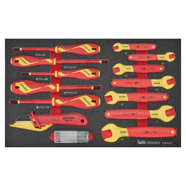 Teng Tools 17 Piece 1000 Volt Insulated Open Ended Wrench (8mm to 19mm) & Slotted, PH, PZ Screwdriver EVA Foam Tool T...