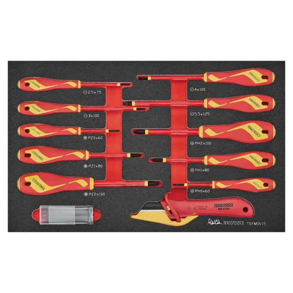 Teng Tools 15 Piece 1000 Volt Insulated Slotted, PH, PZ Screwdriver & Knife EVA Foam Tool Tray – TEFMDV15