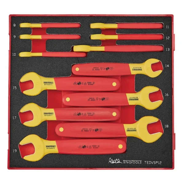 Teng Tools 12 Piece 1000 Volt Insulated Metric Open Ended Wrench EVA Foam Set (8MM – 19MM) – TEDVSP12