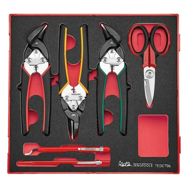 Teng Tools 6 Piece High Leverage Mini Tin Snip, Scissor, Scriber & Deburring EVA Foam Tool Tray – TEDCT06