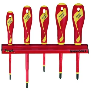 Teng Tools 5 Piece 1000 Volt Insulated Mixed Slotted/Flat, Phillips (PH) & Pozidriv (PZ) Screwdriver Wall Rack – WRMD...